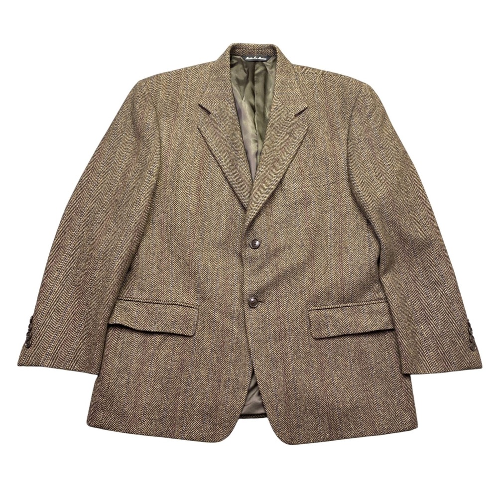 Cricketeer Mens 40S Brown Herringbone Lambs Wool Blend 2 Button Blazer Jacket